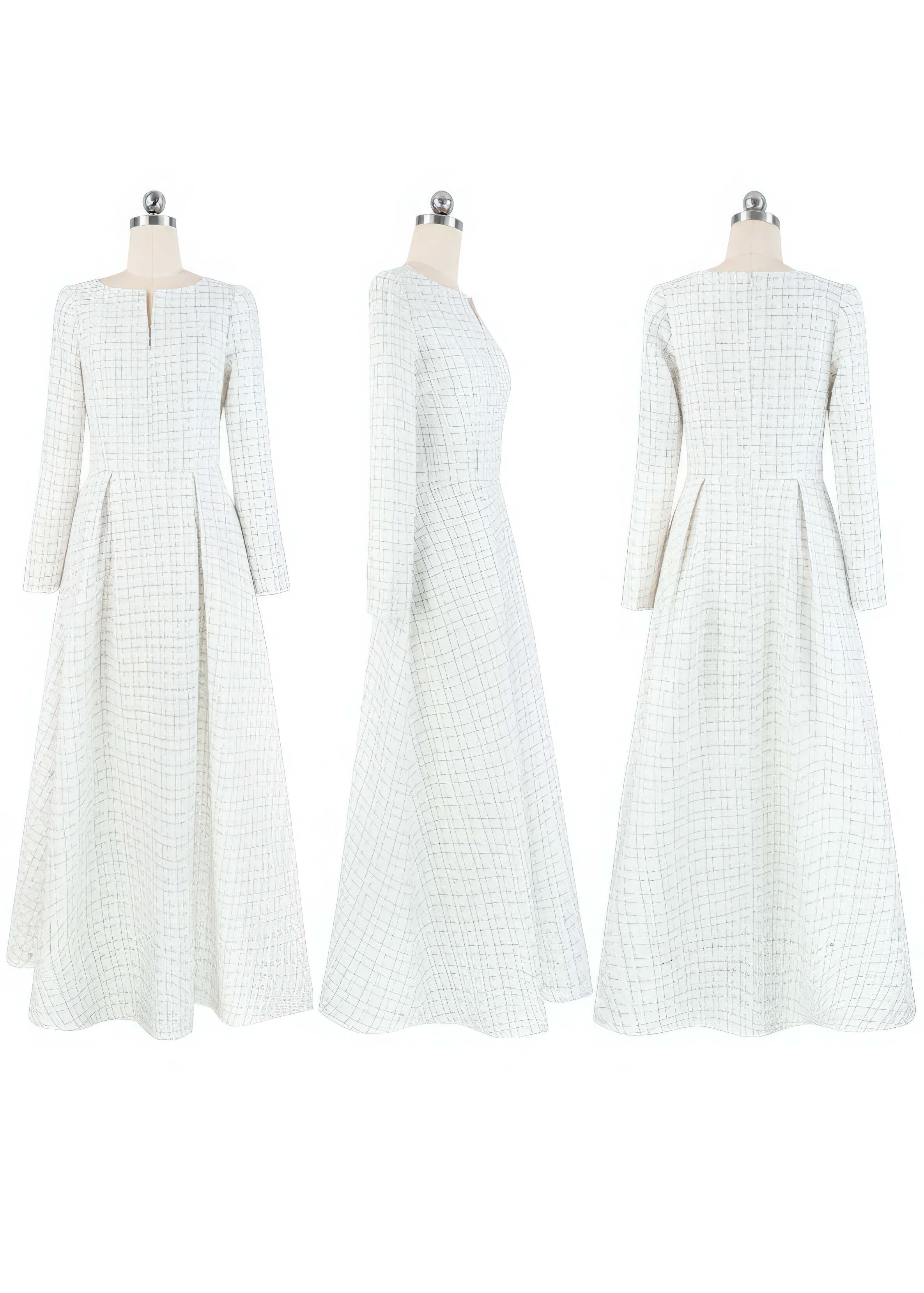 Three-angle view of the white tweed maxi dress on a mannequin, showing the front, side, and back design of the Vivian Seven gown.
