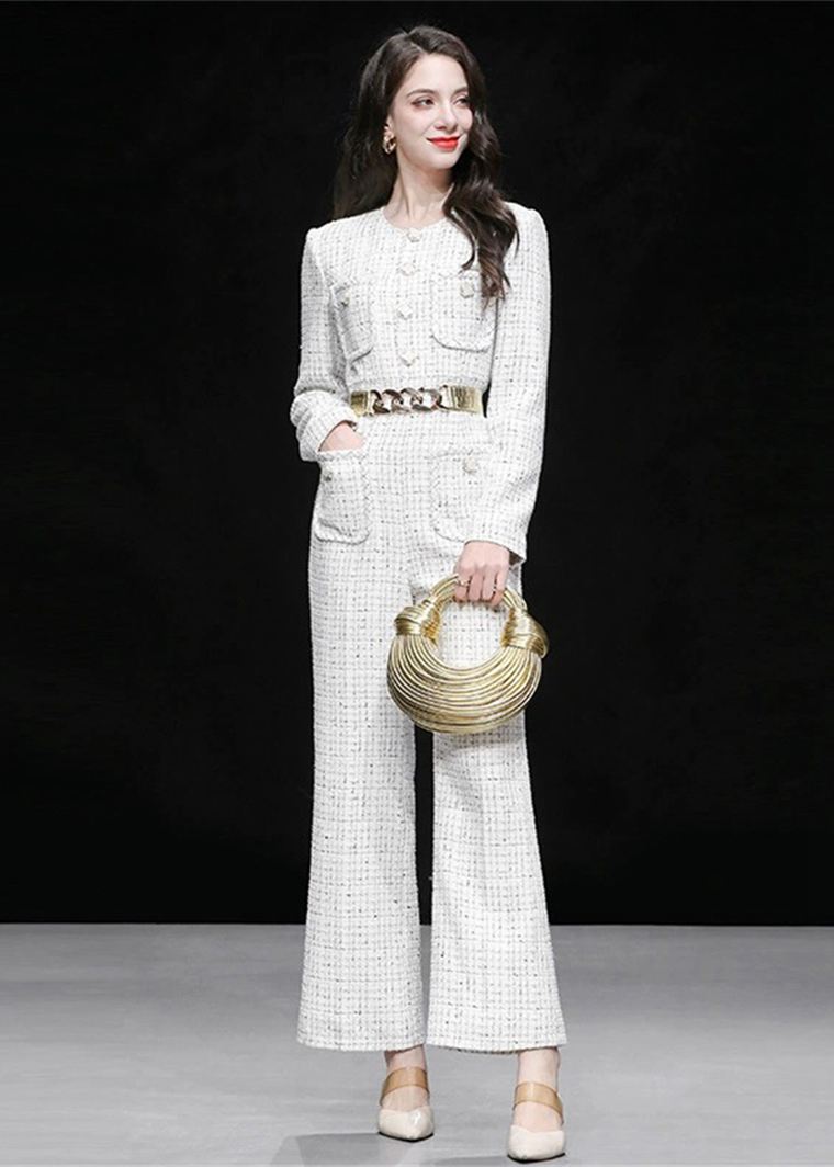 White Tweed Single Breasted Wide Leg Jumpsuit – Vivian Seven