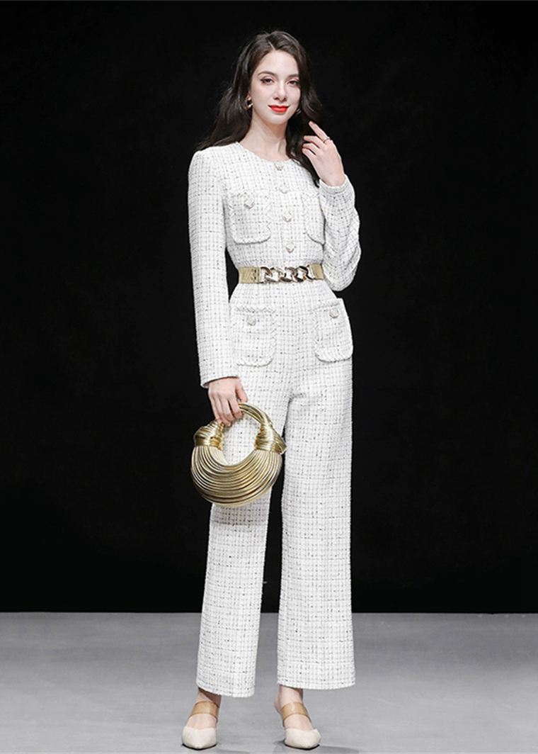 Women's White Tweed Single Breasted Wide Leg Jumpsuit