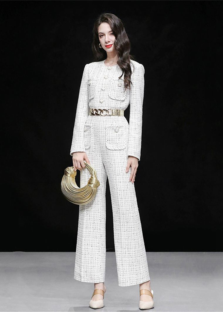 Women's White Tweed Single Breasted Wide Leg Jumpsuit