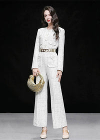 Women's White Tweed Single Breasted Wide Leg Jumpsuit