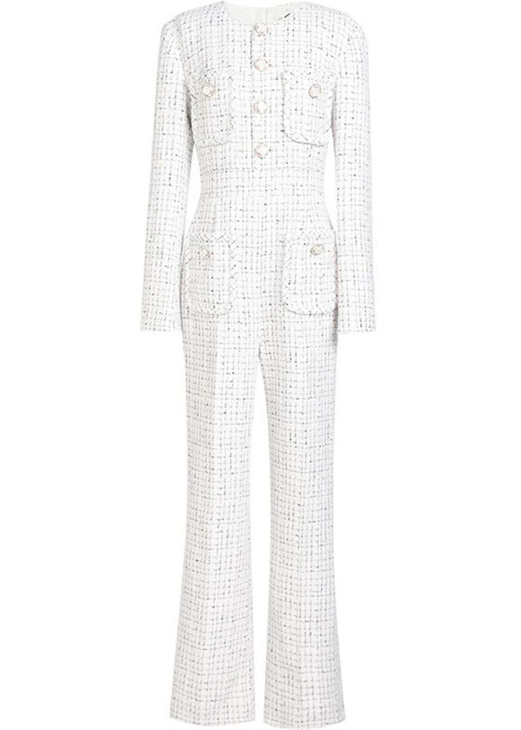 White Tweed Single Breasted Wide Leg Jumpsuit – Vivian Seven