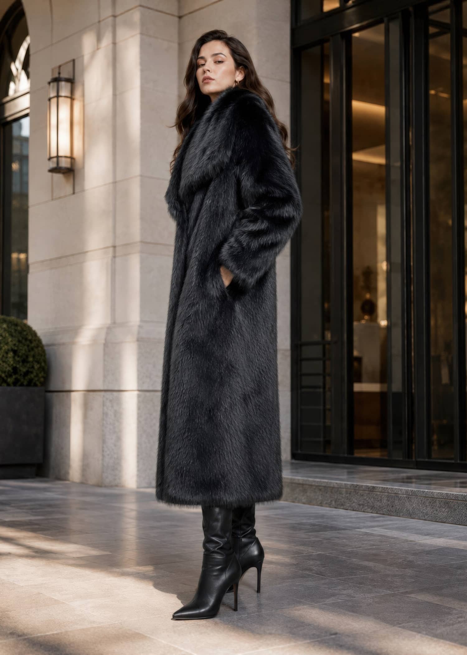 Side profile view of a women's long black plush faux fur coat with side pockets and wide collar