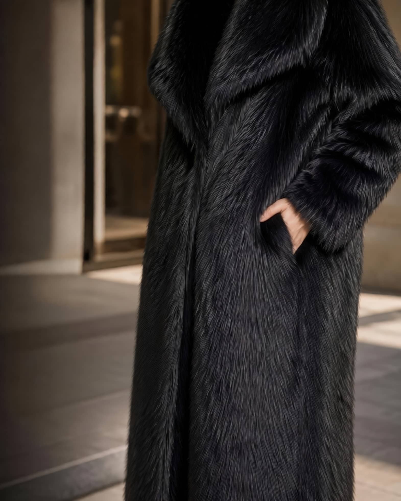Close-up detail of side pocket and soft hairy texture on a women's longline black faux fur coat