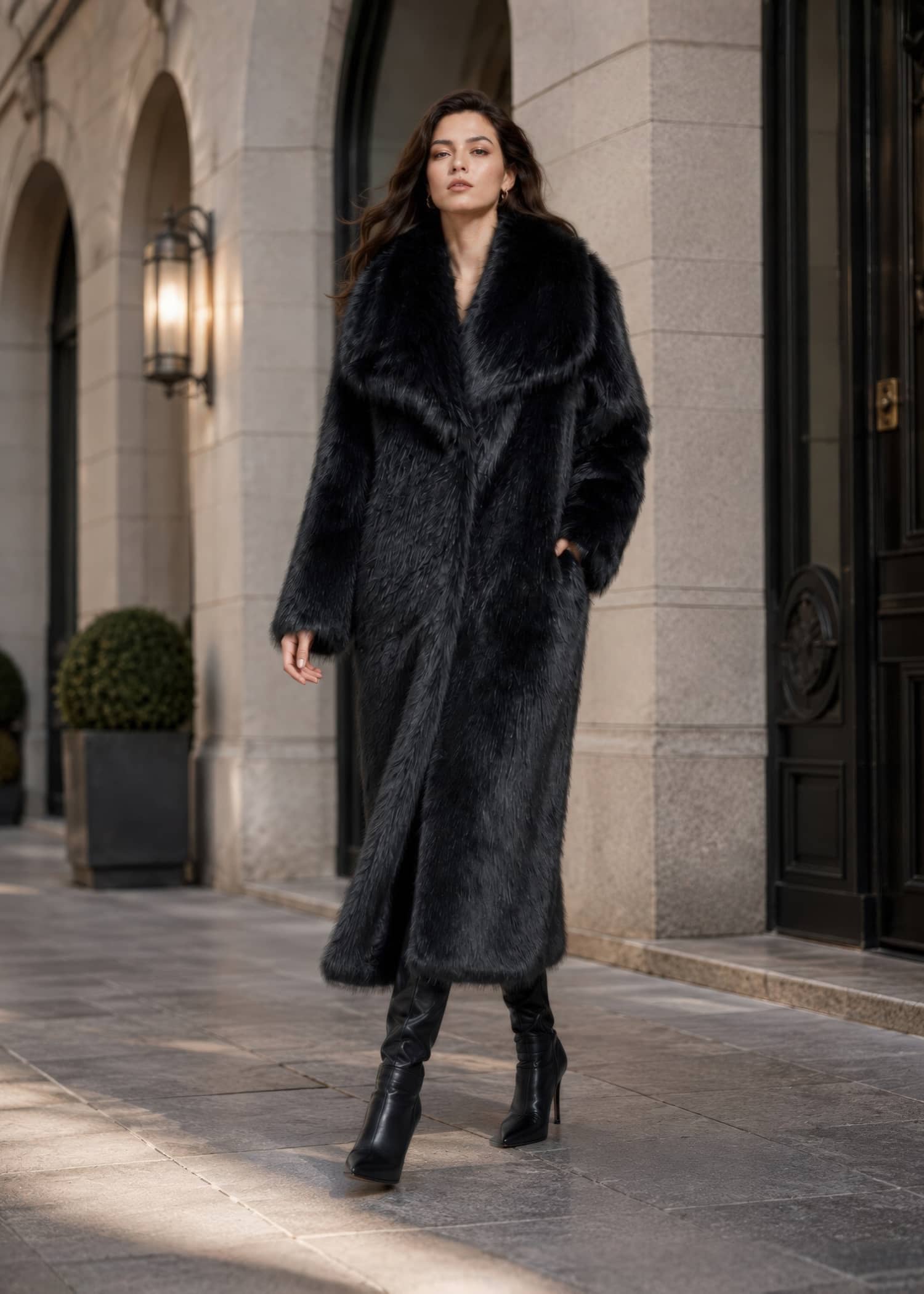 Full-length street style walking shot of a model wearing a wide collar longline black faux fur coat