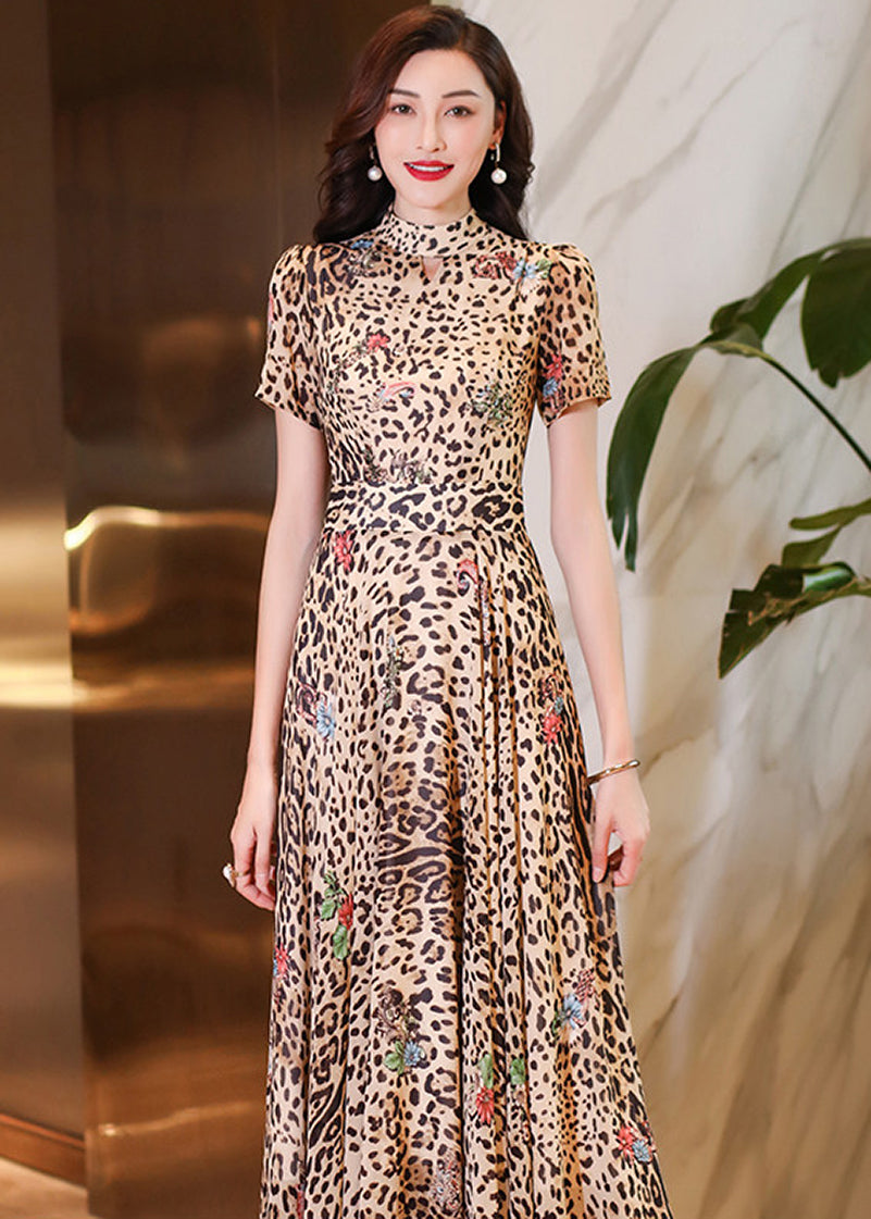 Leopard Print Maxi Dress with Mandarin Collar