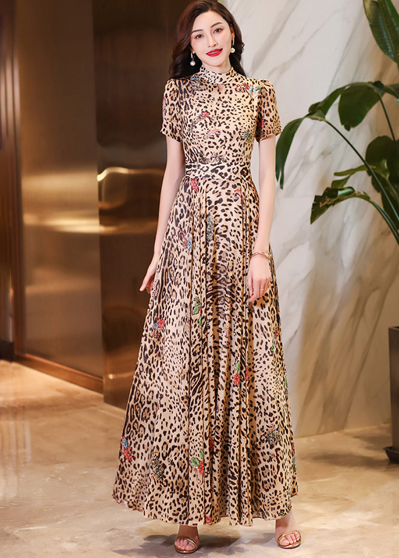 Leopard Print Maxi Dress with Mandarin Collar