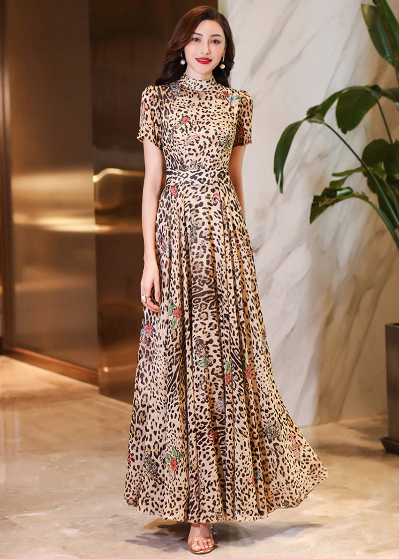 animal print elegant dress Leopard Maxi with Mandarin Collar Winter Warmers Women's Unique Vintage Dresses Size:36W x 30L this gown is perfect