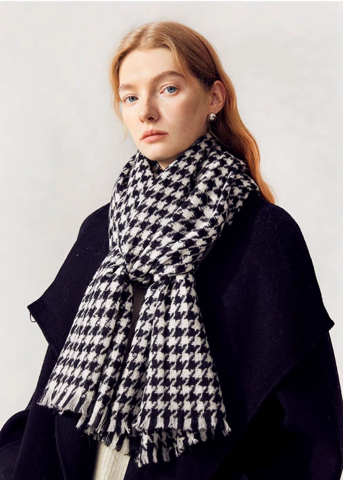 Black White Houndstooth Wool Long Scarf Vivian Seven black-white-houndstooth-wool-long-scarf-vivian-seven