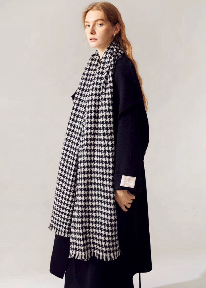 Black White Houndstooth Wool Long Scarf Vivian Seven black-white-houndstooth-wool-long-scarf-vivian-seven