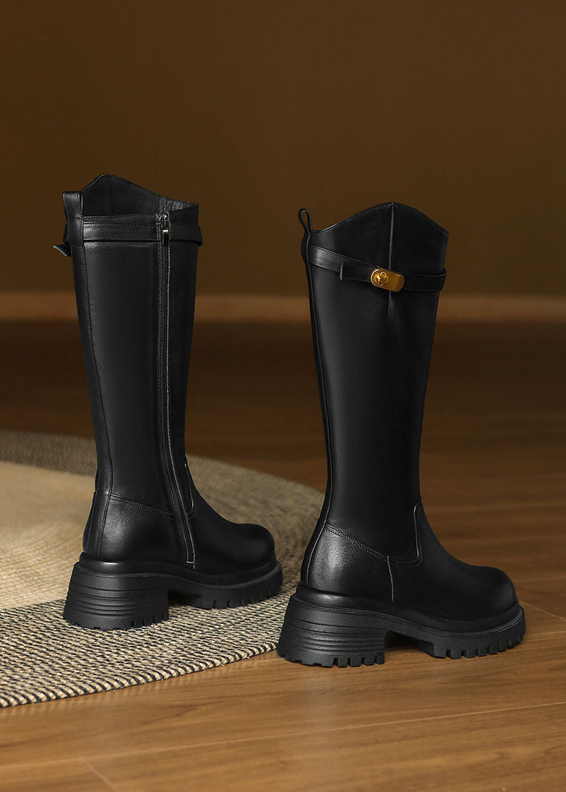 Belted Lug Sole Genuine Leather Wool Fur Lining Long Boots Black / 7 Belted Lug Sole Genuine Leather Wool Fur Lining Long Boots Black / 7