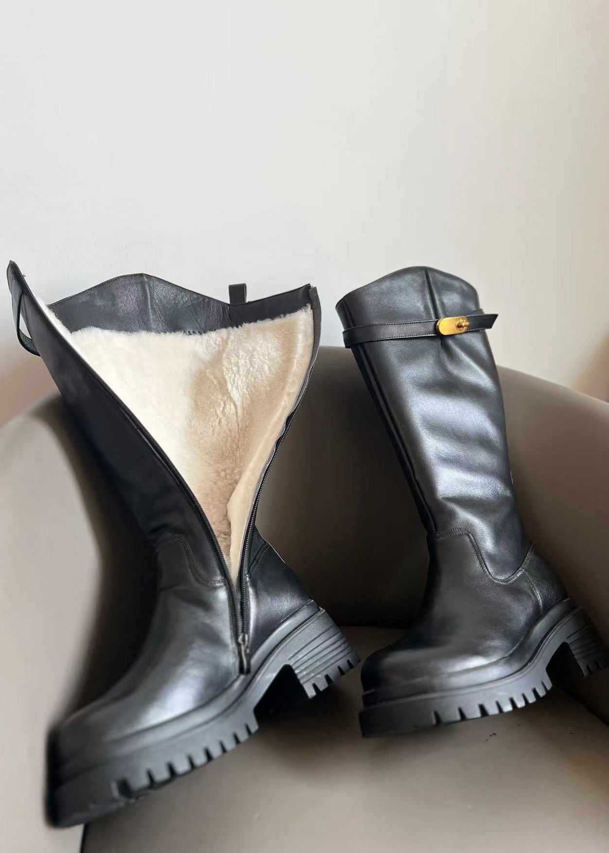 靴 Archive Belted Leather Boots high Belted Lug Sole Genuine Leather Wool Fur Lining Long Boots