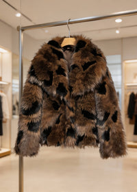 Brown and black abstract spot cropped faux fur jacket hanging on a display rack by Vivian Seven.