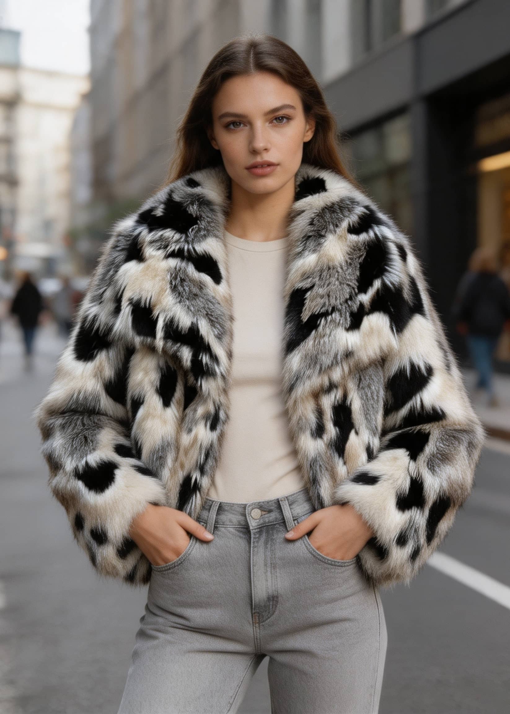 Front view of a model wearing a Vivian Seven black and white abstract spot cropped faux fur jacket with hands in pockets.