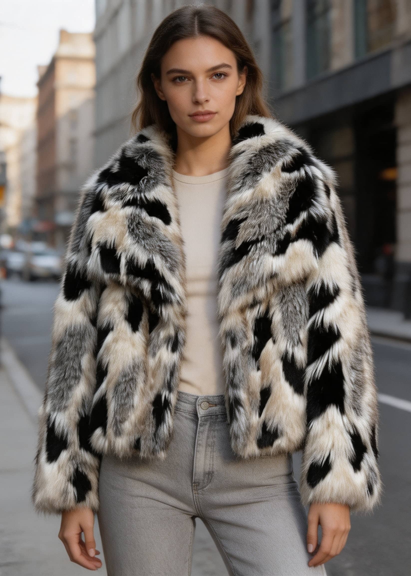 Close-up front view of a model in a black and white abstract print cropped plush faux fur coat by Vivian Seven.