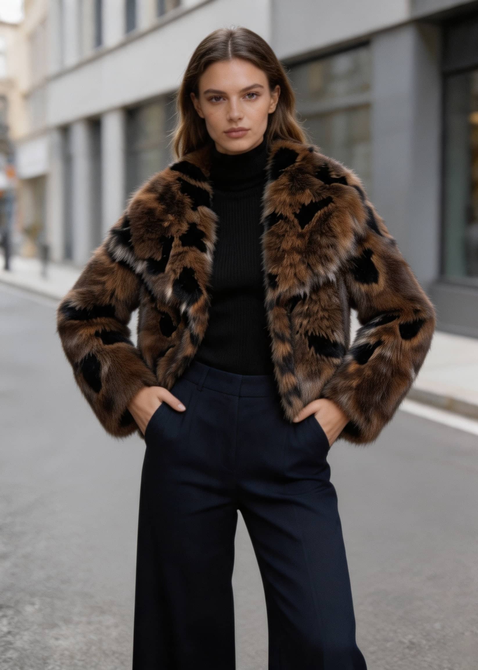 Front view of a model posing in a brown abstract leopard print cropped faux fur jacket with navy trousers.