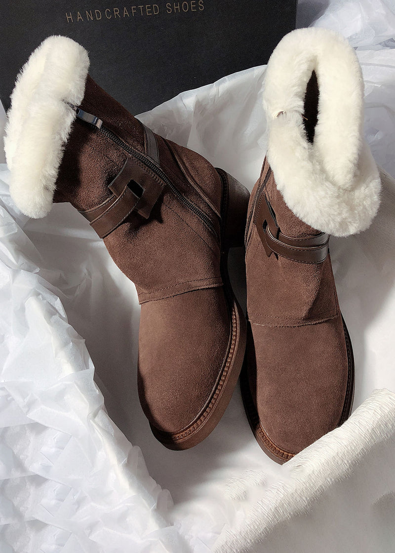 Women's Beled Buckle Genuine Suede Shearling Lined Booties Brown