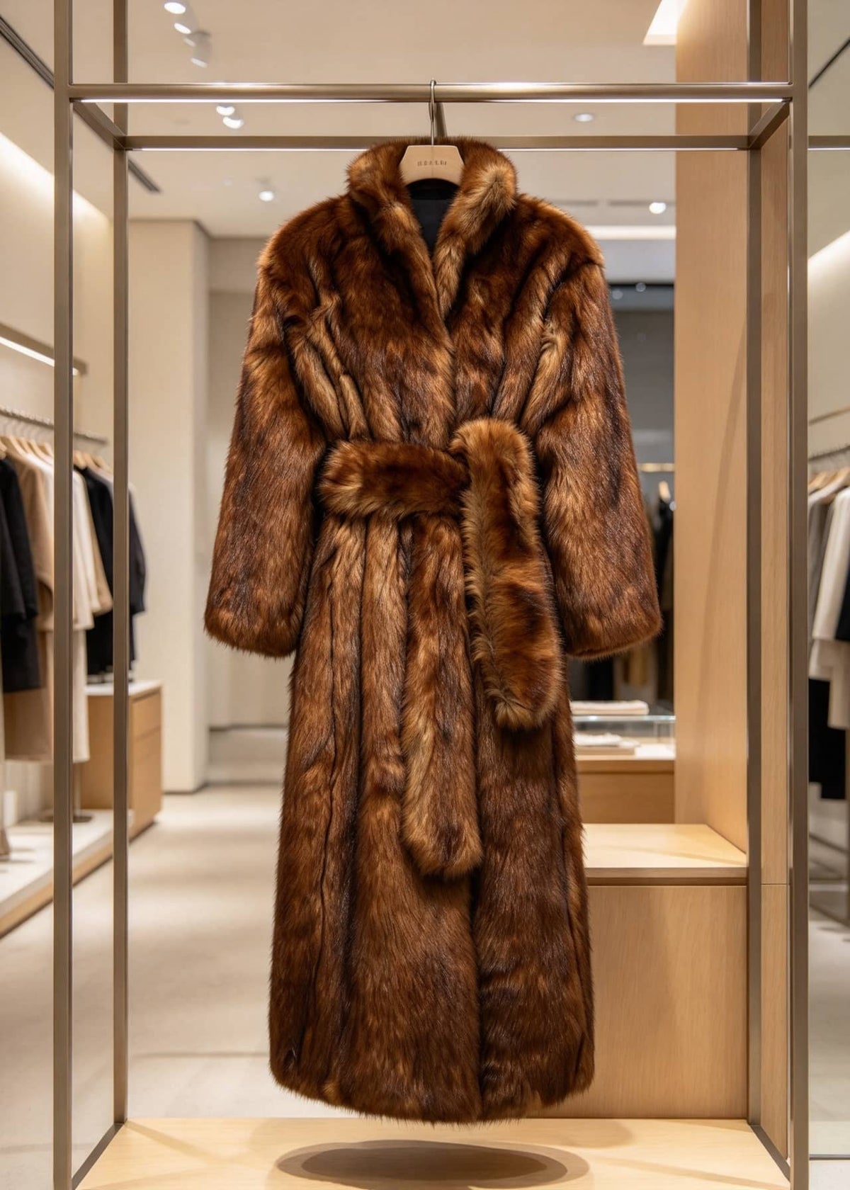 Luxury retail display of the belted brown faux sable stand-collar long robe coat on a wooden hanger.   