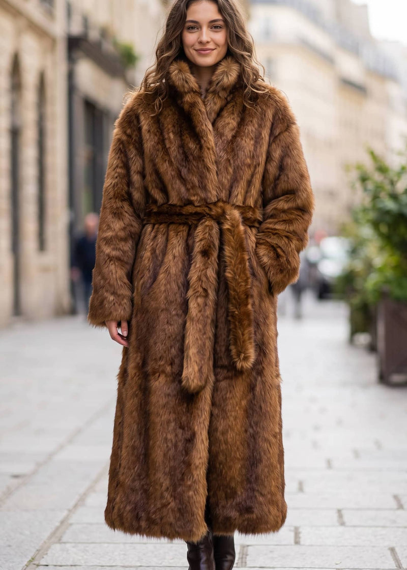 Full-length outdoor front shot of a woman modeling the brown faux sable long coat tied at the waist with heeled boots.   