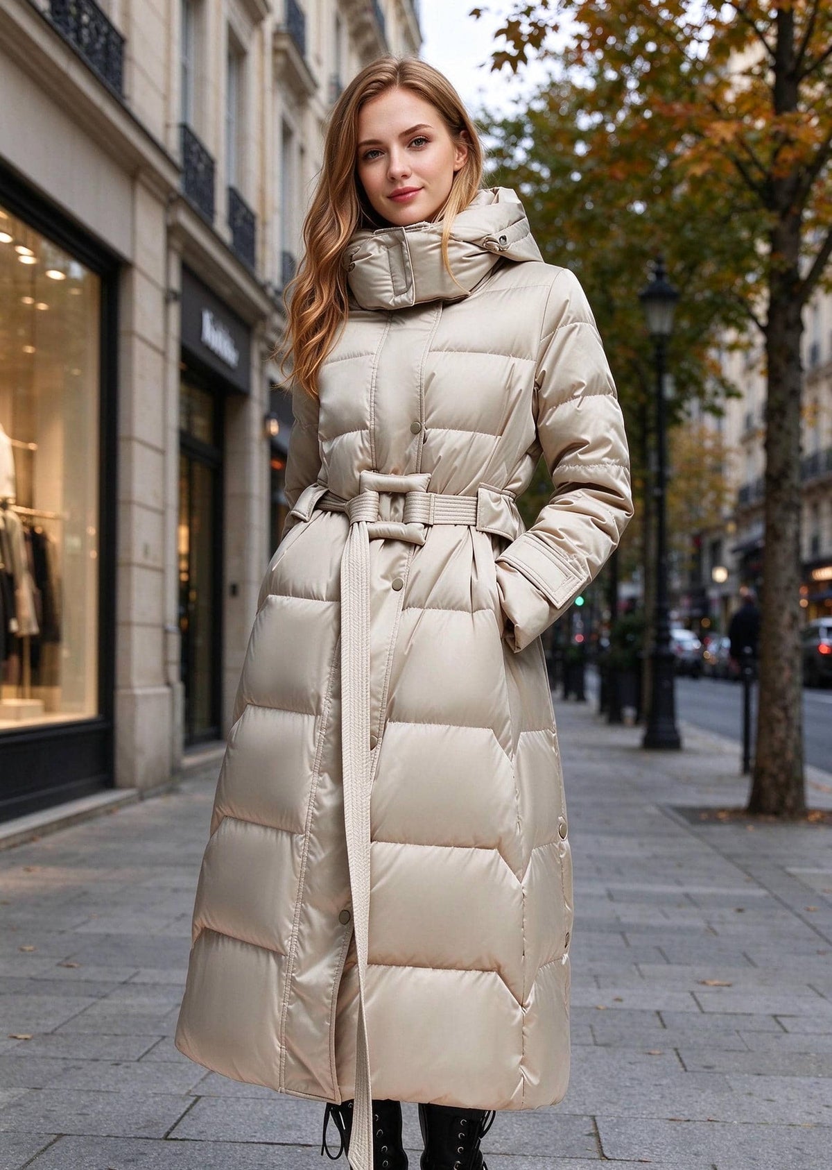 A woman wearing a long, shiny puffer coat in a light beige or cream color, standing on a city sidewalk with buildings and trees in the background.