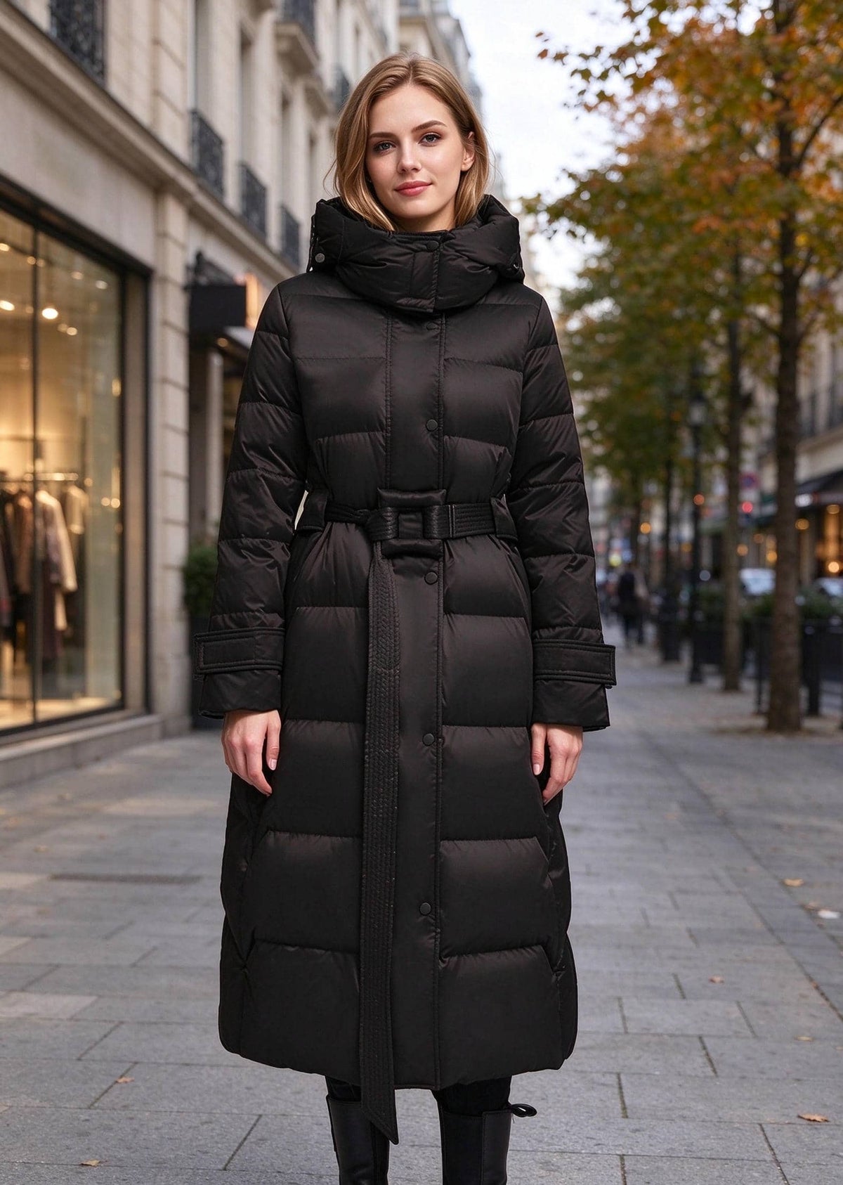 A woman wearing a long black puffer coat with a hood and matching belt stands on a city sidewalk. The background shows a blurred street scene with buildings and trees.