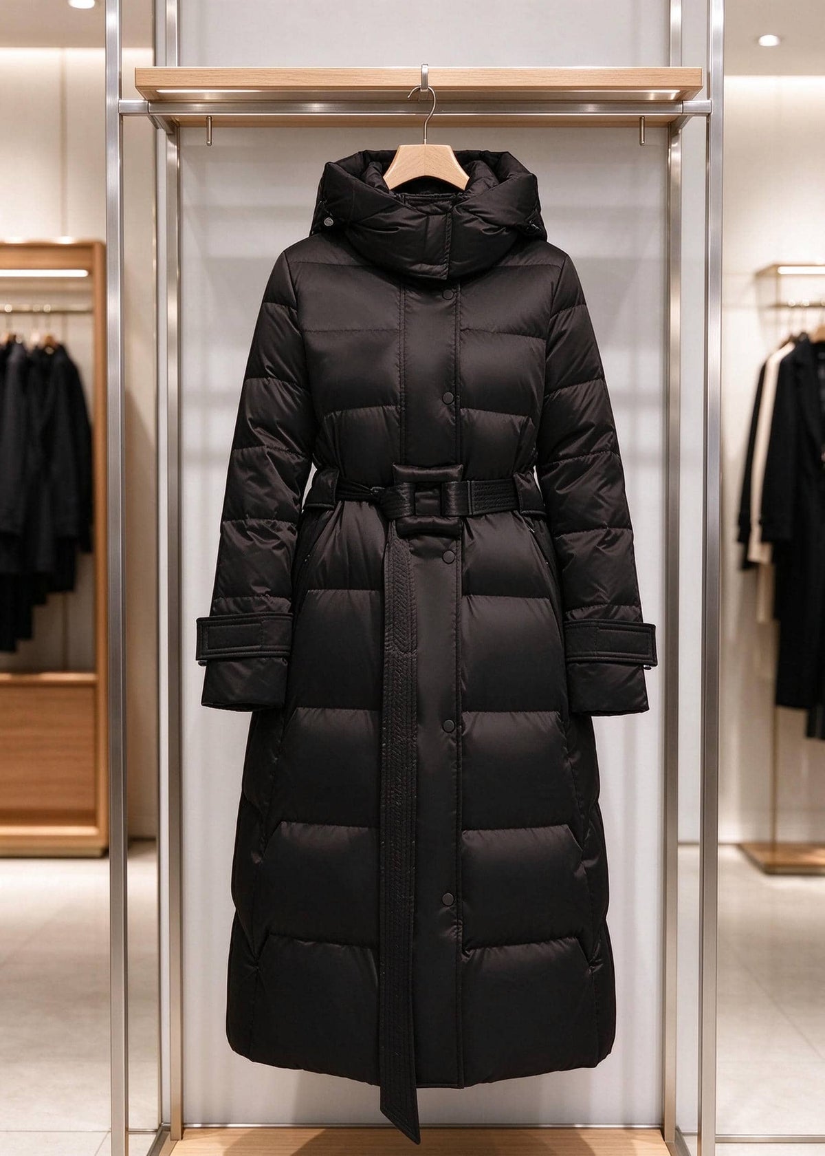 A long black puffer coat with a hood, belted waist, and front flap pockets, hanging on a wooden hanger inside a retail display frame.