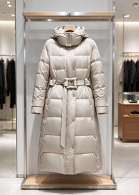 A long puffer coat in a light cream or off-white color, featuring horizontal quilting, a hood, and a matching belt, displayed on a hanger inside a glass-front display case in a clothing store.