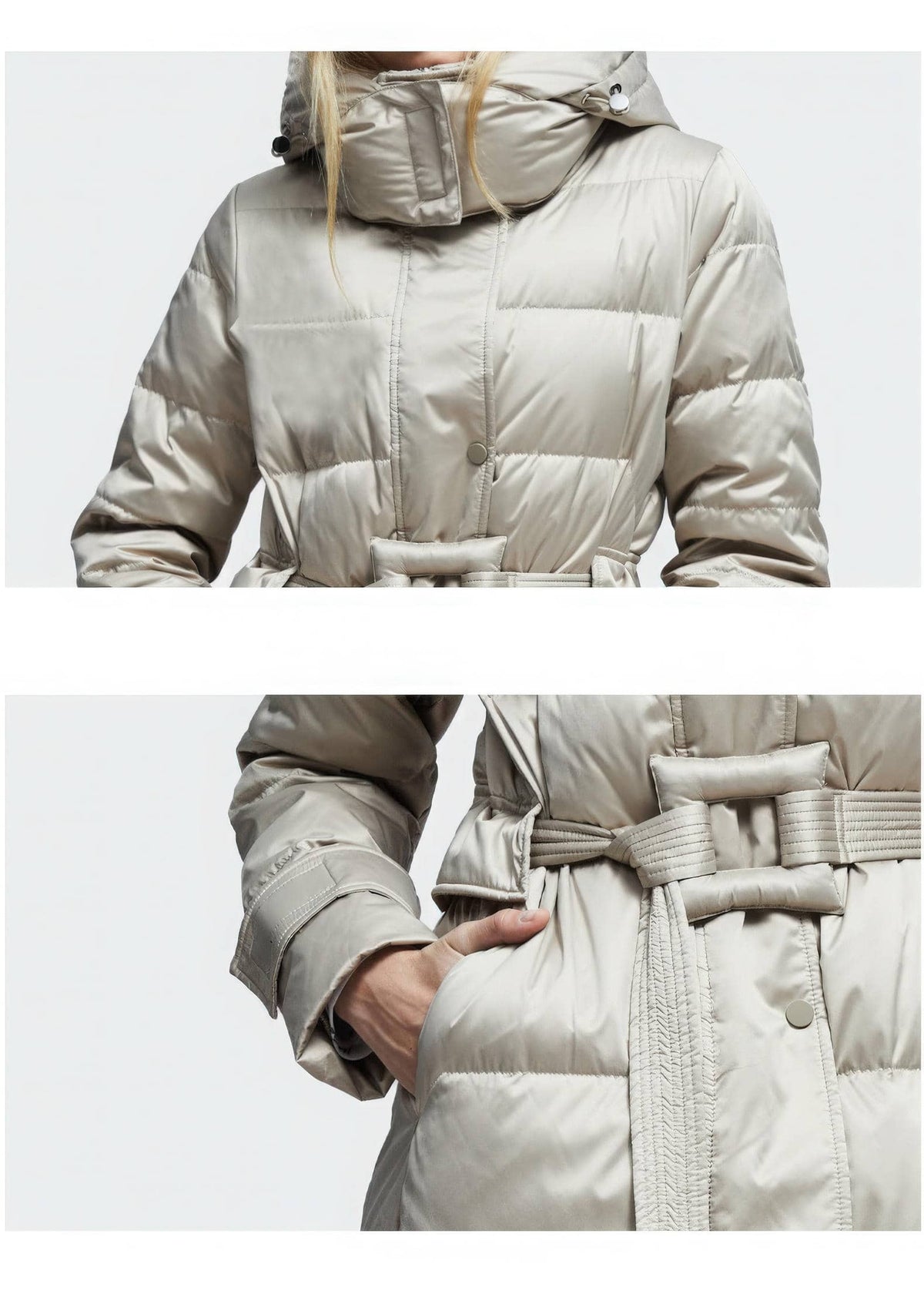 A light beige puffer coat with a hood and a matching fabric belt, shown in a split close-up view. The top panel shows the upper torso with the hood up, and the bottom panel shows a hand reaching into the front pocket.