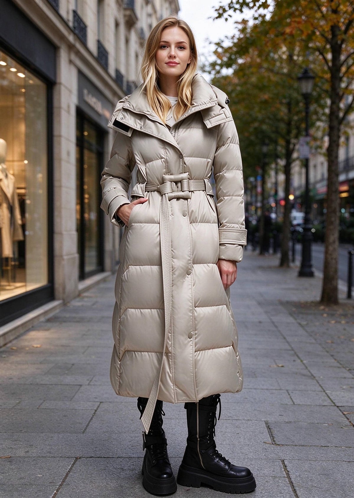 A woman stands on a city sidewalk wearing a long, light beige puffer coat with a belted waist and large collar, paired with black lace-up boots. The background shows a blurred urban street scene with storefronts and trees.