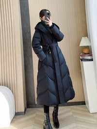 Langer Daunenmantel mit Kapuze für Damen, blauer Daunenmantel, rote lange Daunenjacke, schwarzer langer Daunenmantel, warmer Wintermantel, verdickte Parka-Manteljacke