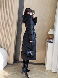 Langer Daunenmantel mit Kapuze für Damen, blauer Daunenmantel, rote lange Daunenjacke, schwarzer langer Daunenmantel, warmer Wintermantel, verdickte Parka-Manteljacke