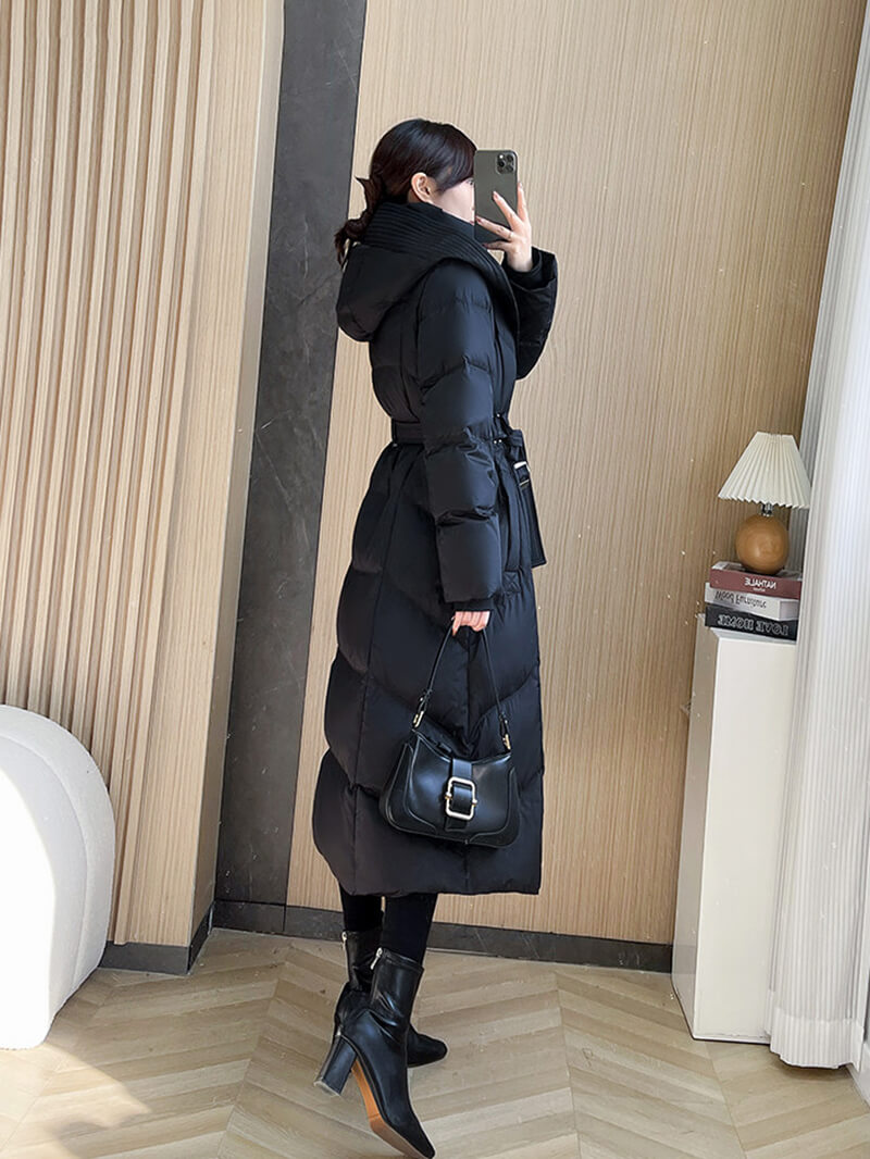 Langer Daunenmantel mit Kapuze für Damen, blauer Daunenmantel, rote lange Daunenjacke, schwarzer langer Daunenmantel, warmer Wintermantel, verdickte Parka-Manteljacke