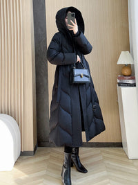 Langer Daunenmantel mit Kapuze für Damen, blauer Daunenmantel, rote lange Daunenjacke, schwarzer langer Daunenmantel, warmer Wintermantel, verdickte Parka-Manteljacke