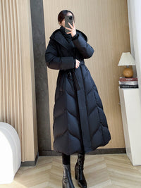 Langer Daunenmantel mit Kapuze für Damen, blauer Daunenmantel, rote lange Daunenjacke, schwarzer langer Daunenmantel, warmer Wintermantel, verdickte Parka-Manteljacke