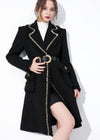 Women's Black Metallic Fringe Ruched Wool Tweed Coat