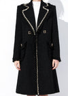 Women's Black Metallic Fringe Ruched Wool Tweed Coat