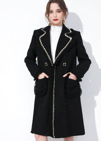 Women's Black Metallic Fringe Ruched Wool Tweed Coat