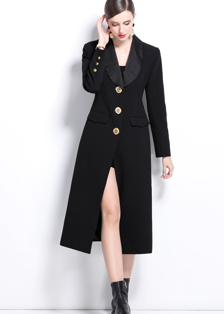 Women's Black Shawl Collar Single Breasted Long Trench Coat