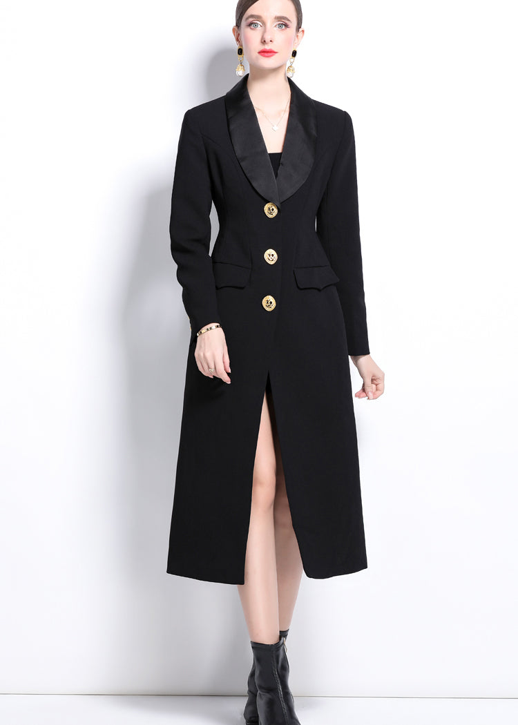 Black Shawl Collar Single Breasted Long Trench Coat Black / XS Black Shawl Collar Single Breasted Long Trench Coat Black / XS