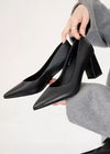 black pointed toe leather pumps