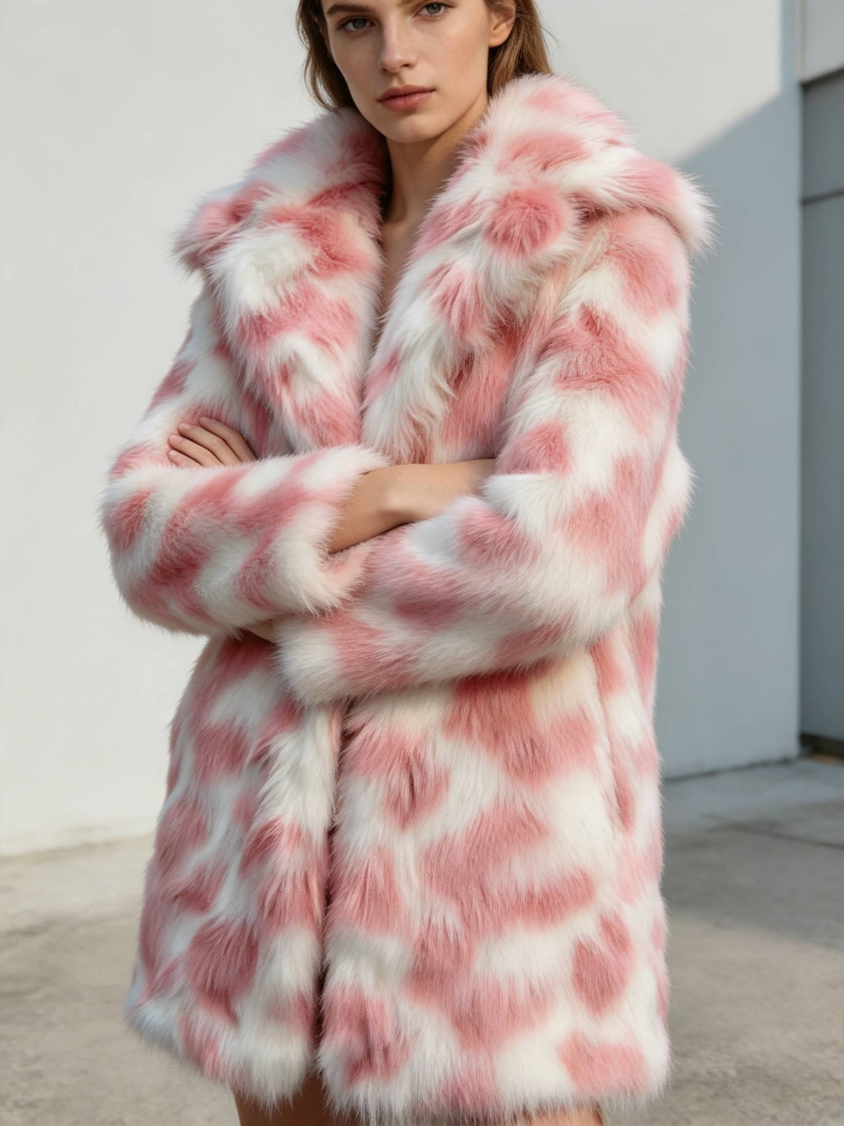Model with arms crossed wearing a women's blush pink and white patterned faux fur coat.