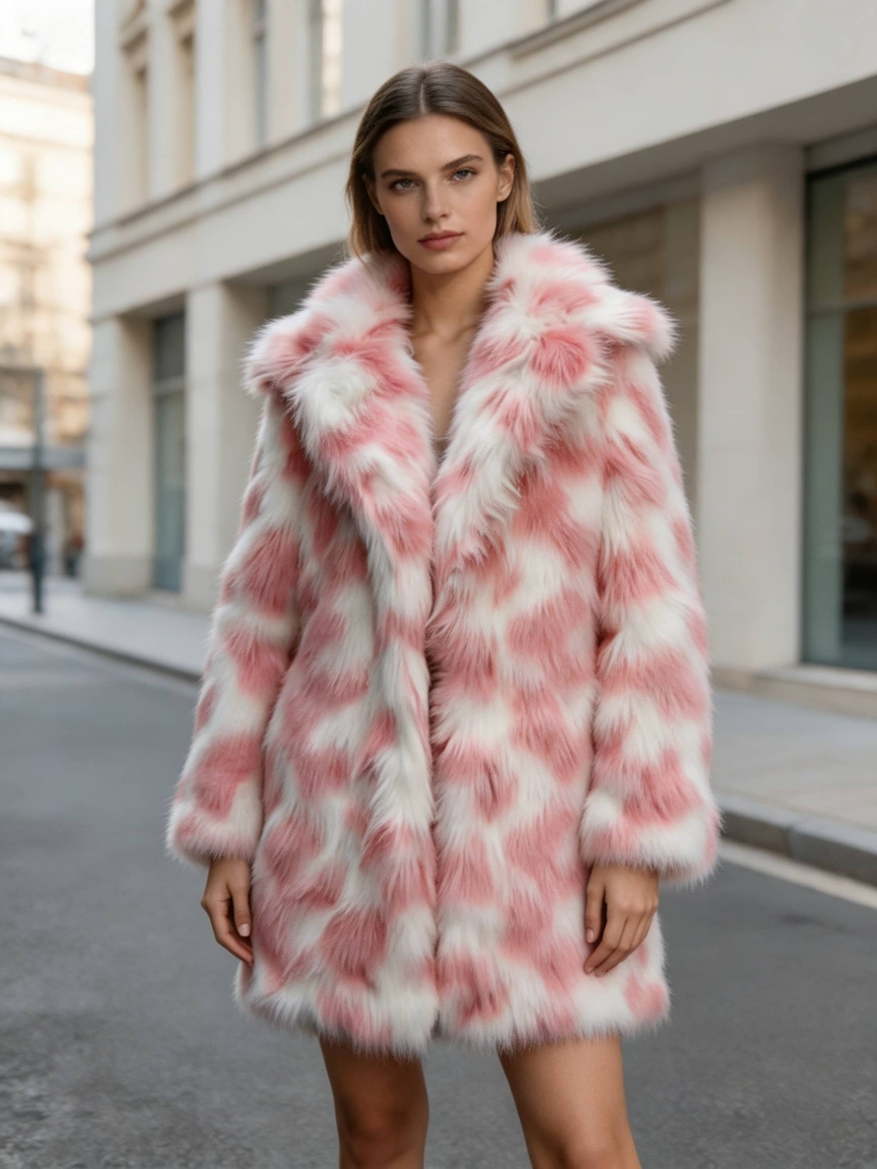 Front view of a woman wearing a plush blush pink and white patterned faux fur winter coat on a city street.