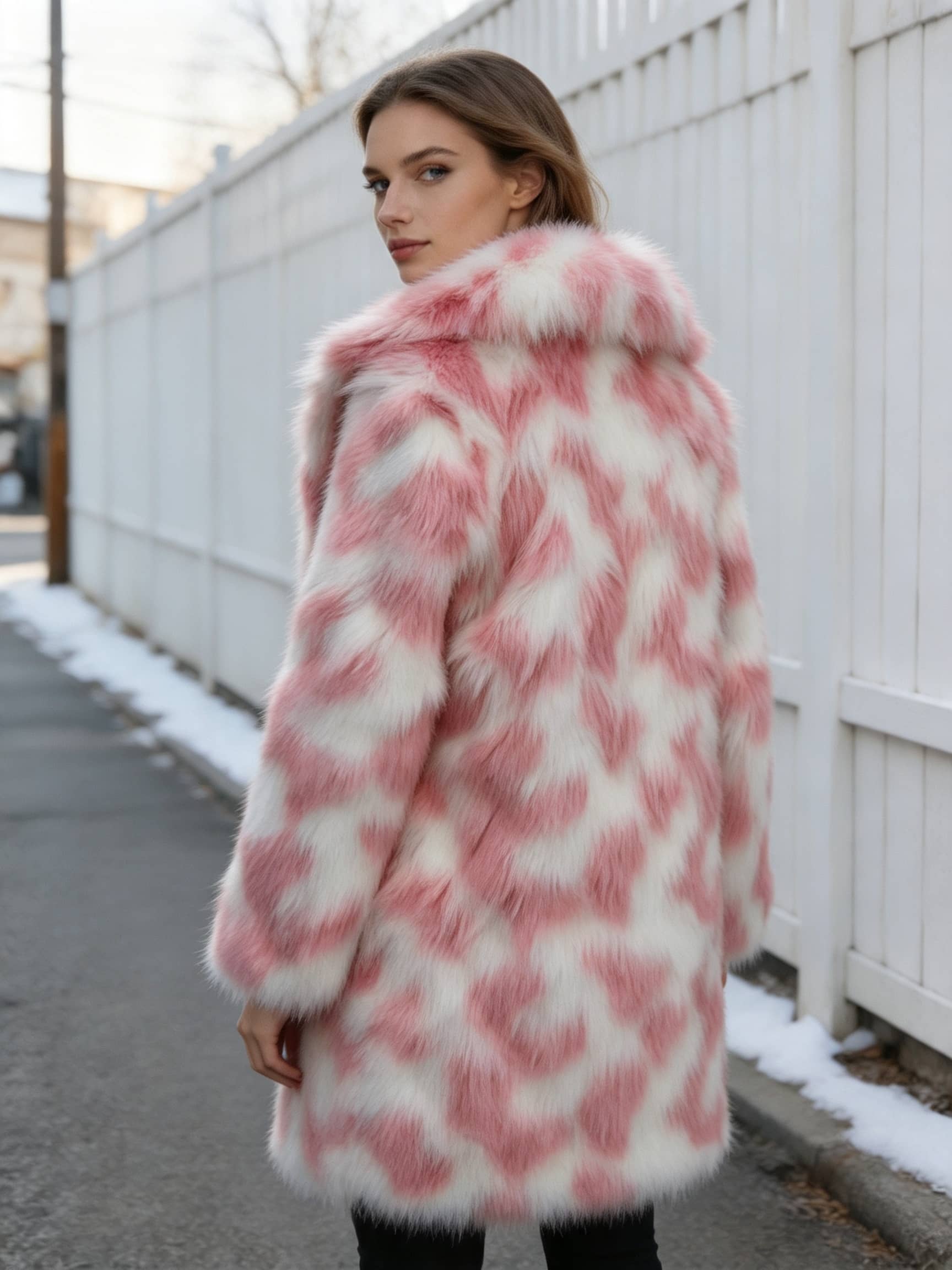 Back view showing the pattern and fluffy texture of a women's blush pink and white faux fur coat.