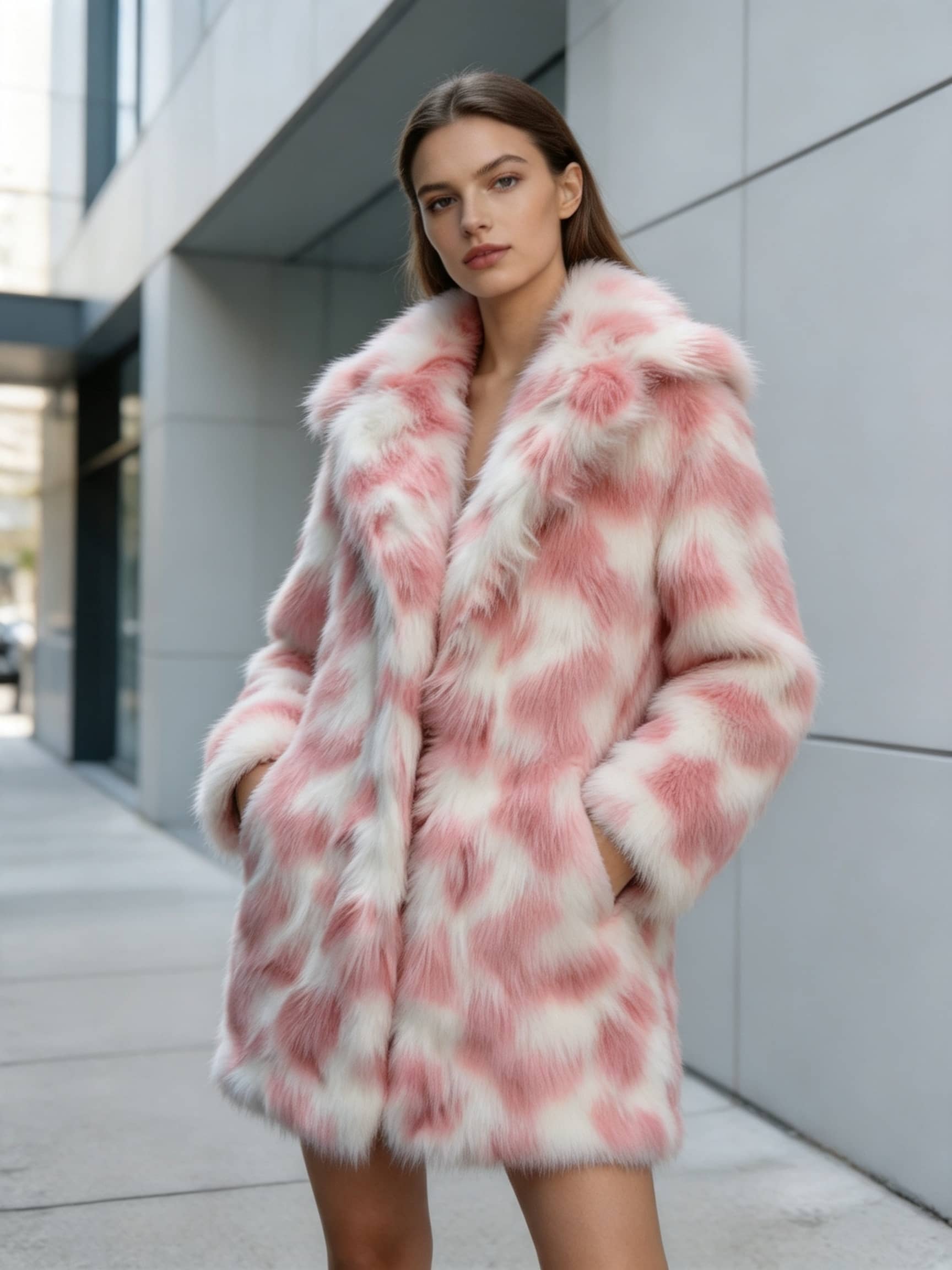 Model with hands in pockets posing against a modern grey building in a blush pink patterned faux fur coat.