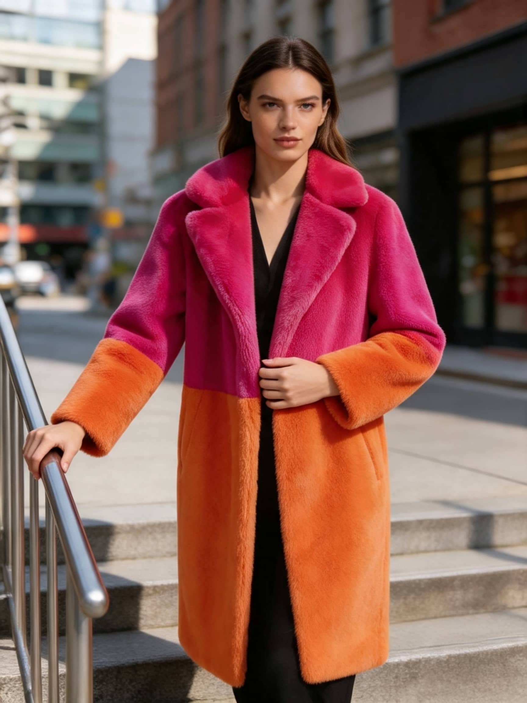 Woman posing on outdoor steps wearing a pink and orange colorblock notch lapel faux fur long coat.