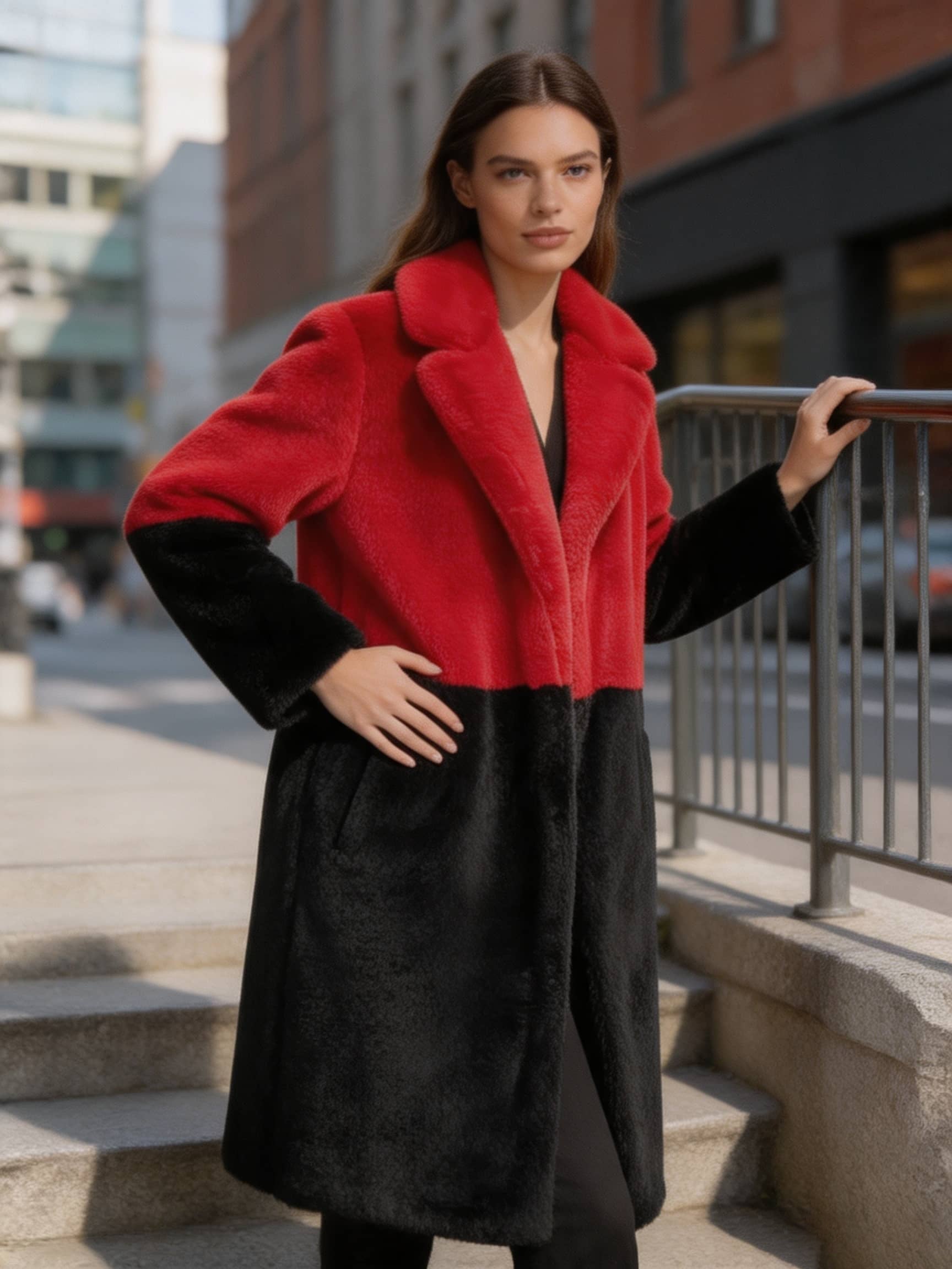 Model posing near stairs in a red and black two-tone plush faux fur long coat with hand on hip.