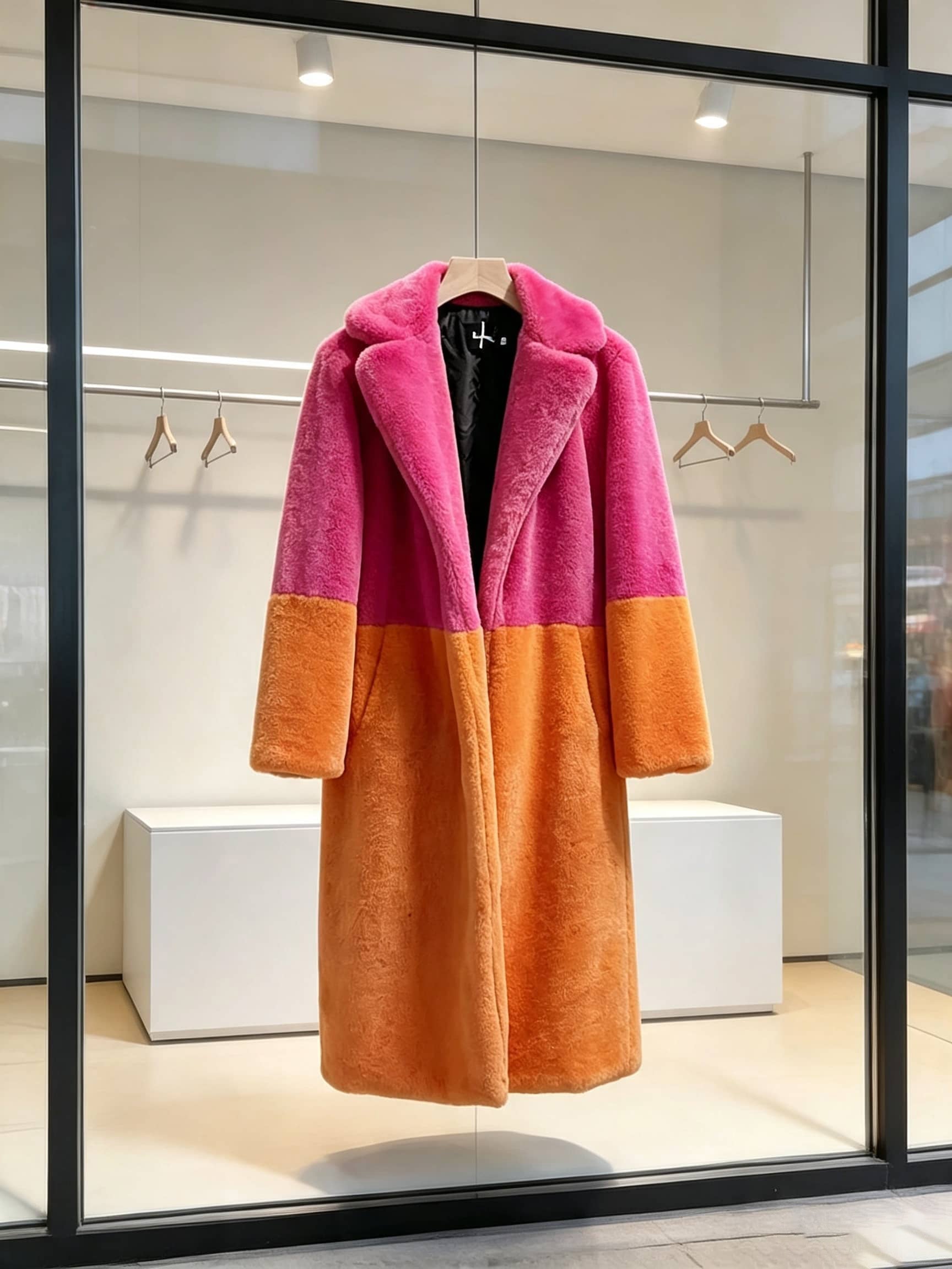 Bright pink and orange colorblock plush faux fur long coat displayed on a wooden hanger in a store window.