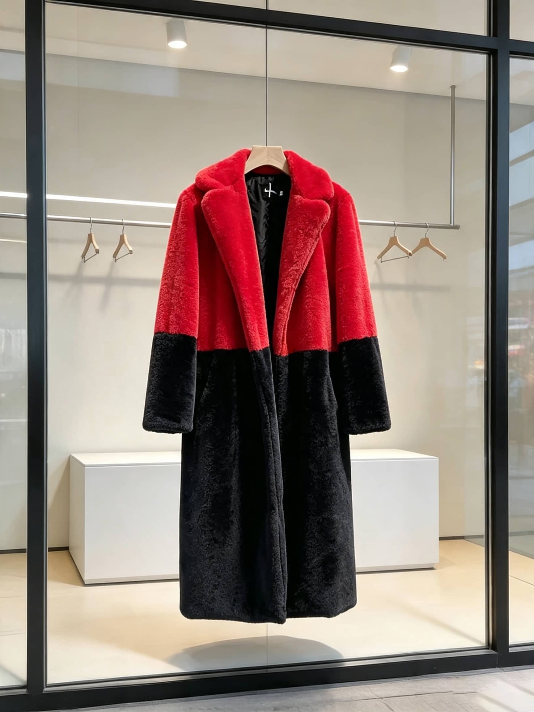 Red and black two-tone notch lapel plush faux fur long coat displayed on a hanger in a store window.