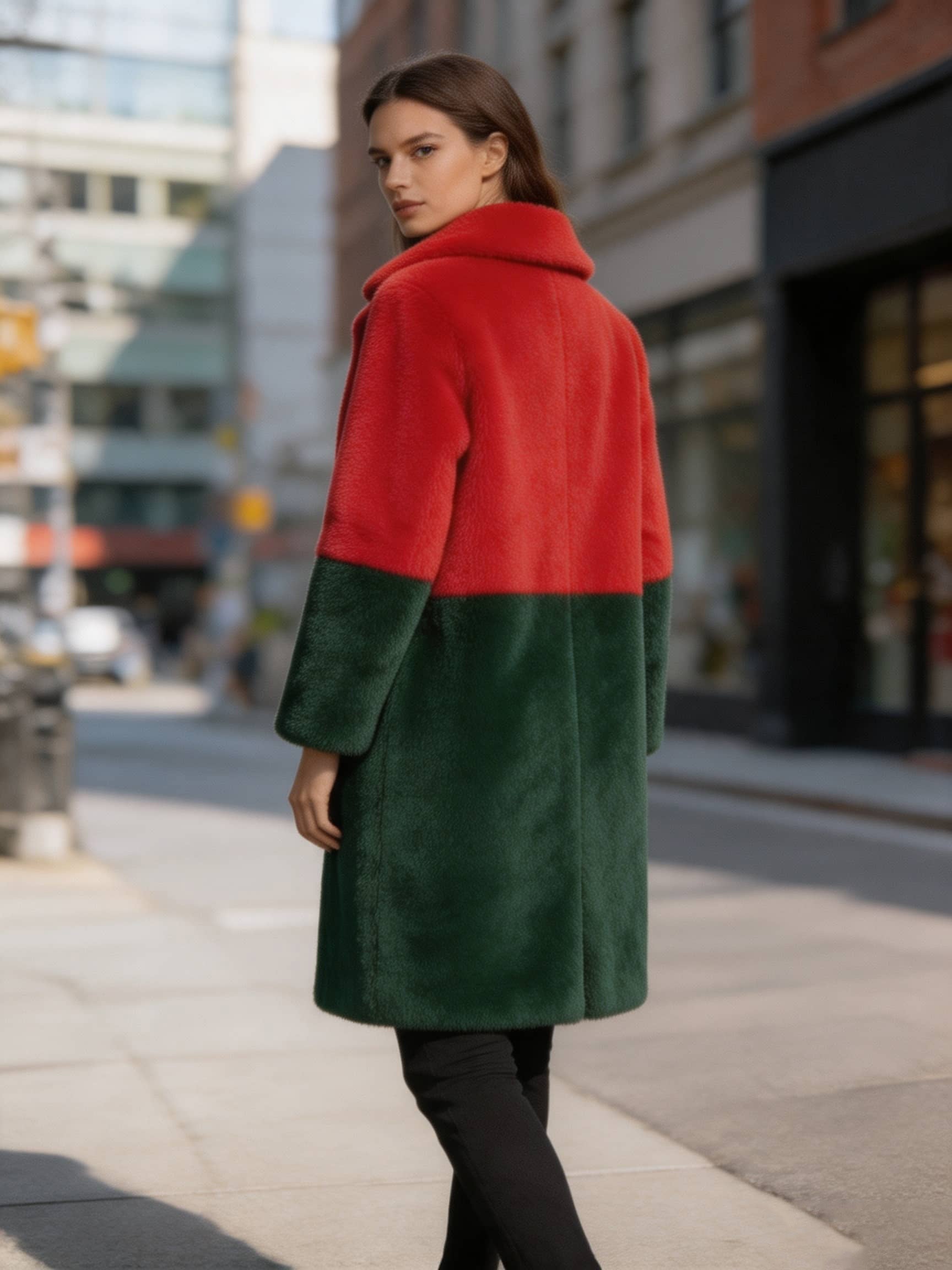 Back view of a model wearing a red and dark green colorblock notch lapel faux fur long coat looking over her shoulder.