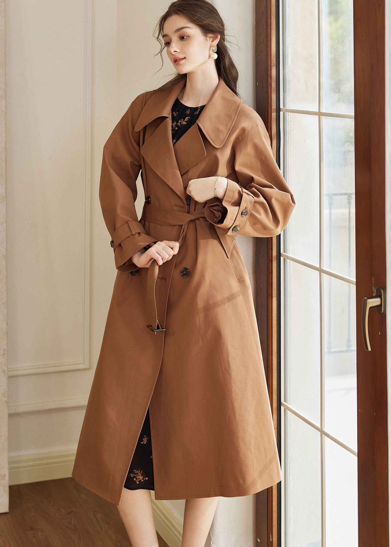 Double Breasted Belted Brown Long Trench Coat – Vivian Seven